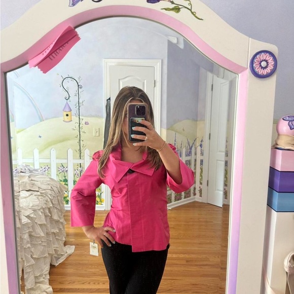 Hot pink satin blouse shirt with cute collar and button detailing - Picture 5 of 6